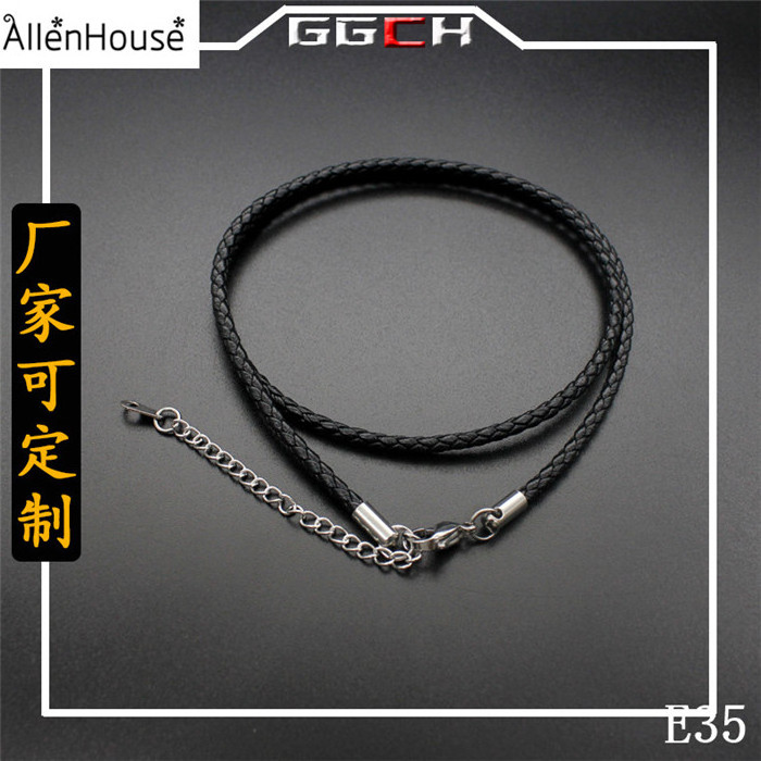 3mm black braided leather cord necklaces with stainless steel lobster clasp & extension long chain for jewelry making