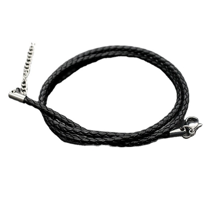 3mm black braided leather cord necklaces with stainless steel lobster clasp & extension long chain for jewelry making