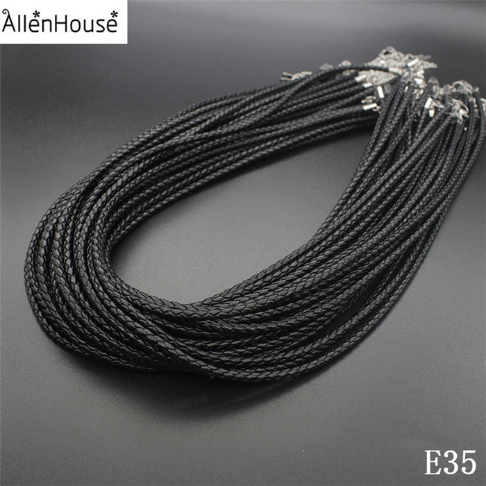 3mm black braided leather cord necklaces with stainless steel lobster clasp & extension long chain for jewelry making