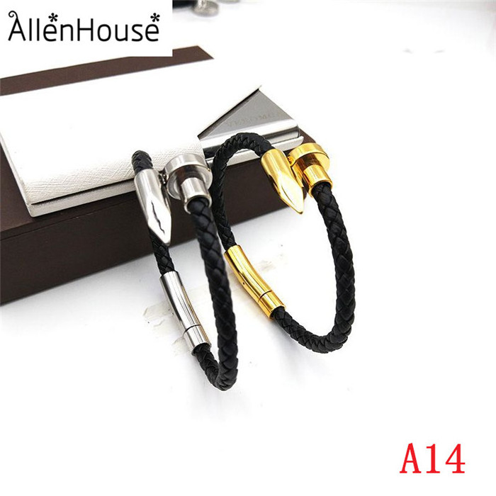 2022 fashion stainless steel bangles Jewelry genuine black leather golden nail bracelets for men