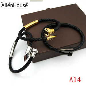 2022 fashion stainless steel bangles Jewelry genuine black leather golden nail bracelets for men