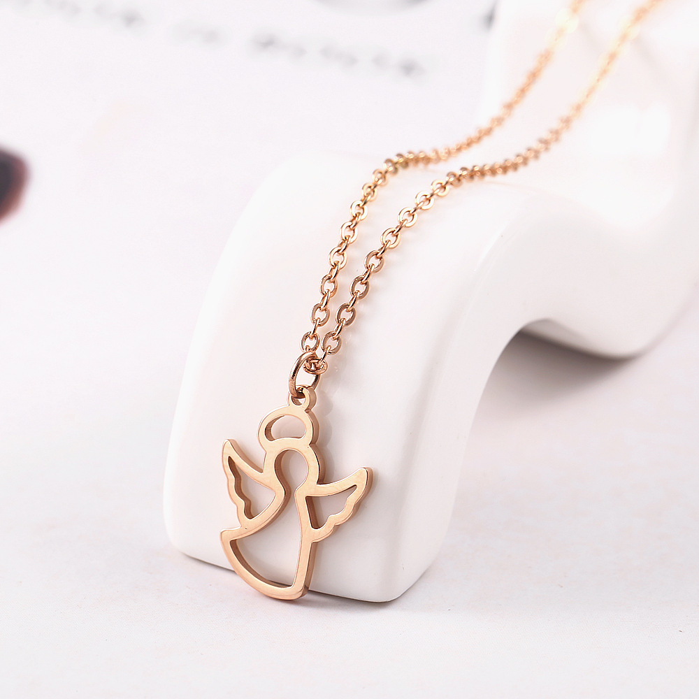 Angle Clavicle Necklace Steel Simple Female Models With Accessories Cute Guardian Angel Wings Pendant Hollow Necklace