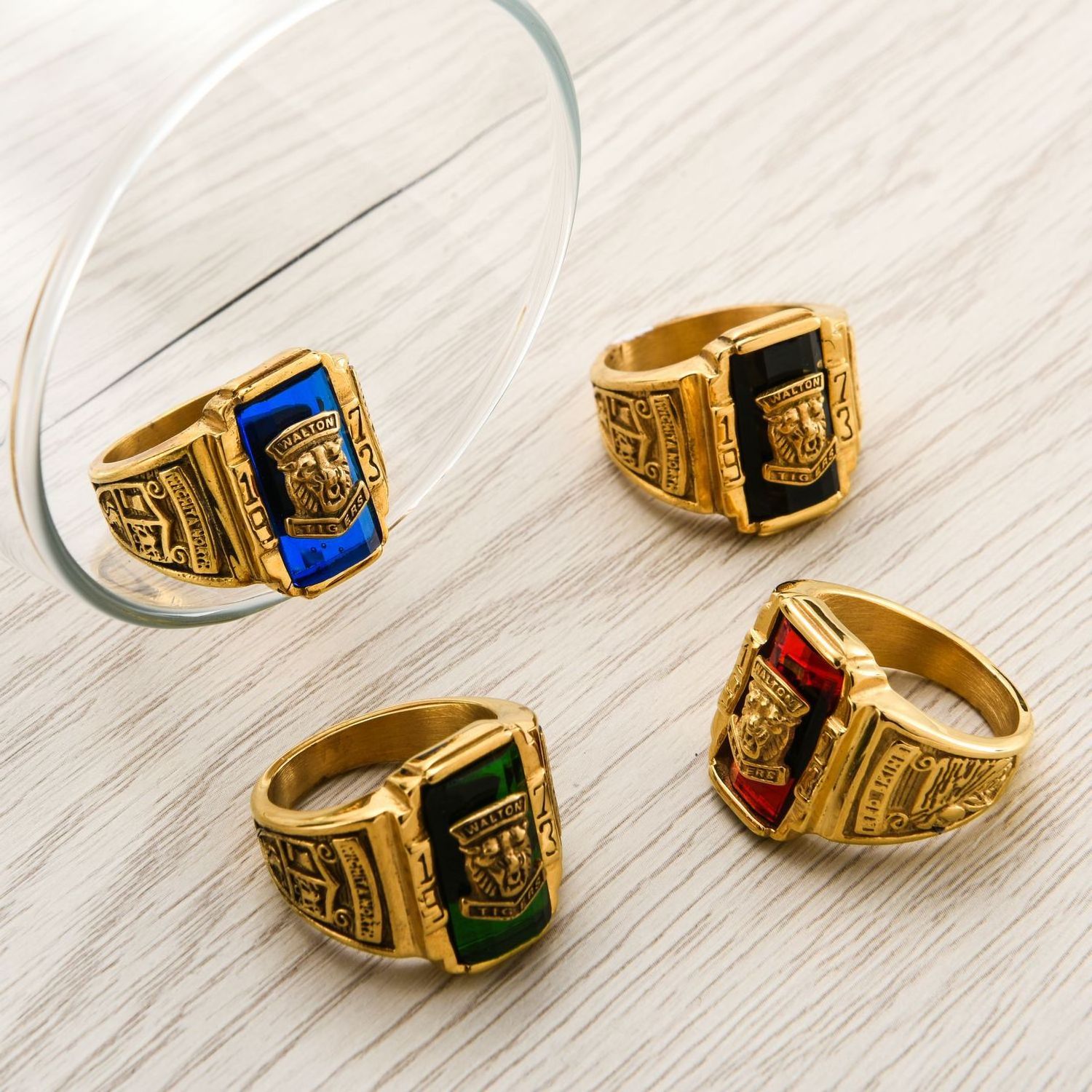 RTS 1973 navy tigers Gold Plated green red stone Jewelry memorial Rings for men