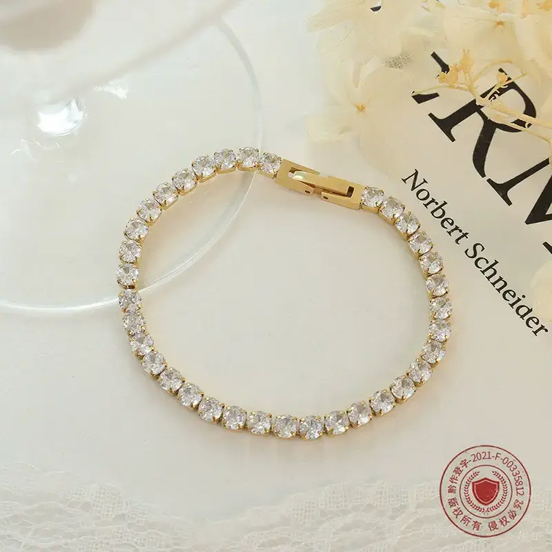 gold plated stainless steel cubic zirconia CZ baby's breath rhinestone tennis chain bracelet classic shiny crystal bracelet