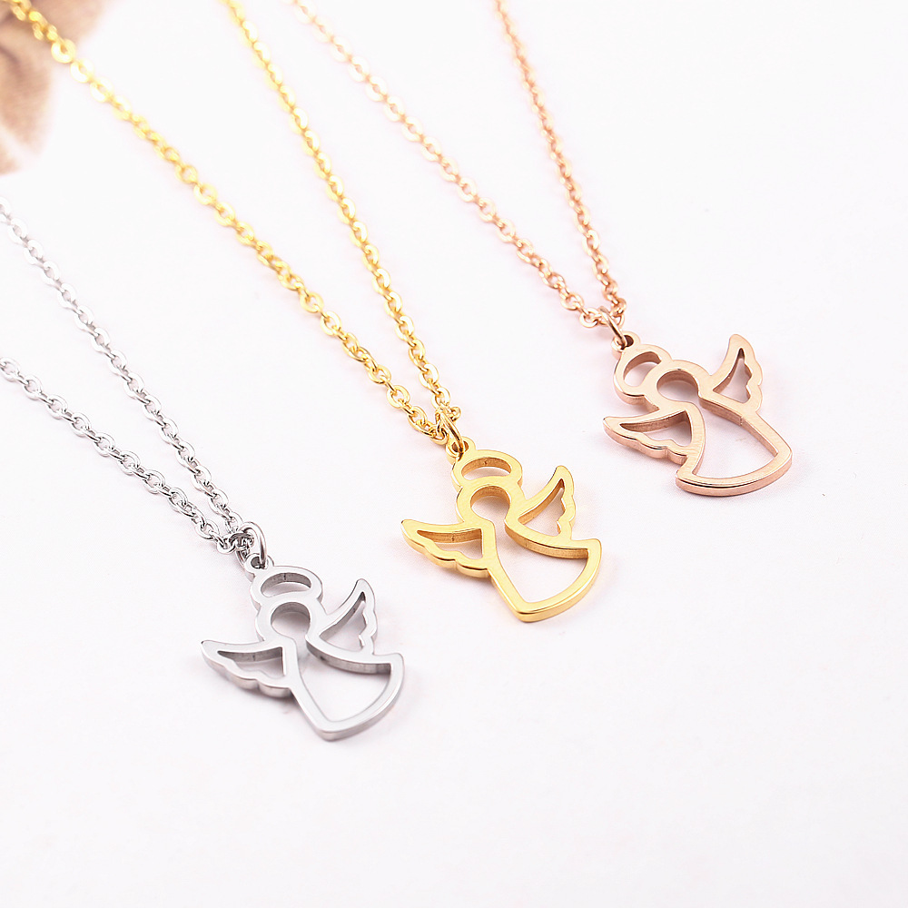 Angle Clavicle Necklace Steel Simple Female Models With Accessories Cute Guardian Angel Wings Pendant Hollow Necklace