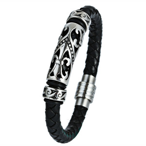 Stainless steel totem tubes charm leather bracelet braided woven men's italian genuine leather bracelet