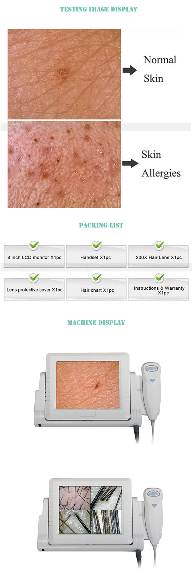 Professional skin and hair analysis machine with LCD with skin lens and hair lens 50X 30X times camera