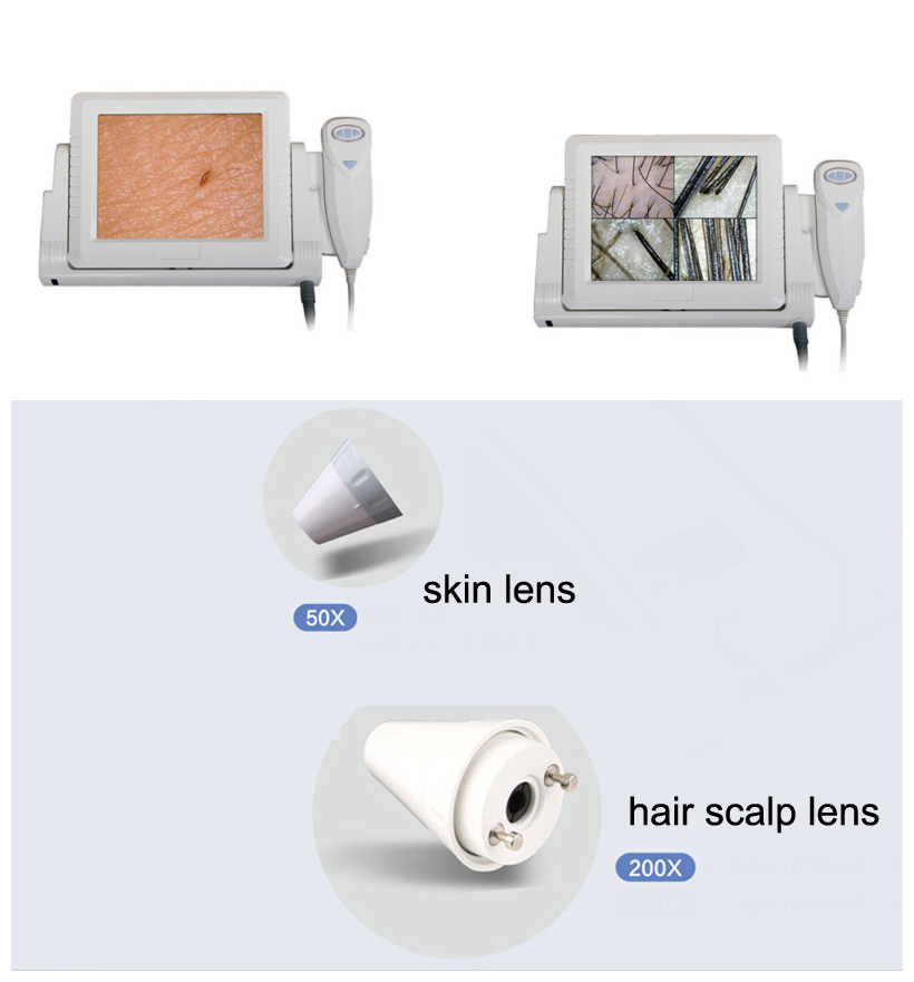 Professional skin and hair analysis machine with LCD with skin lens and hair lens 50X 30X times camera