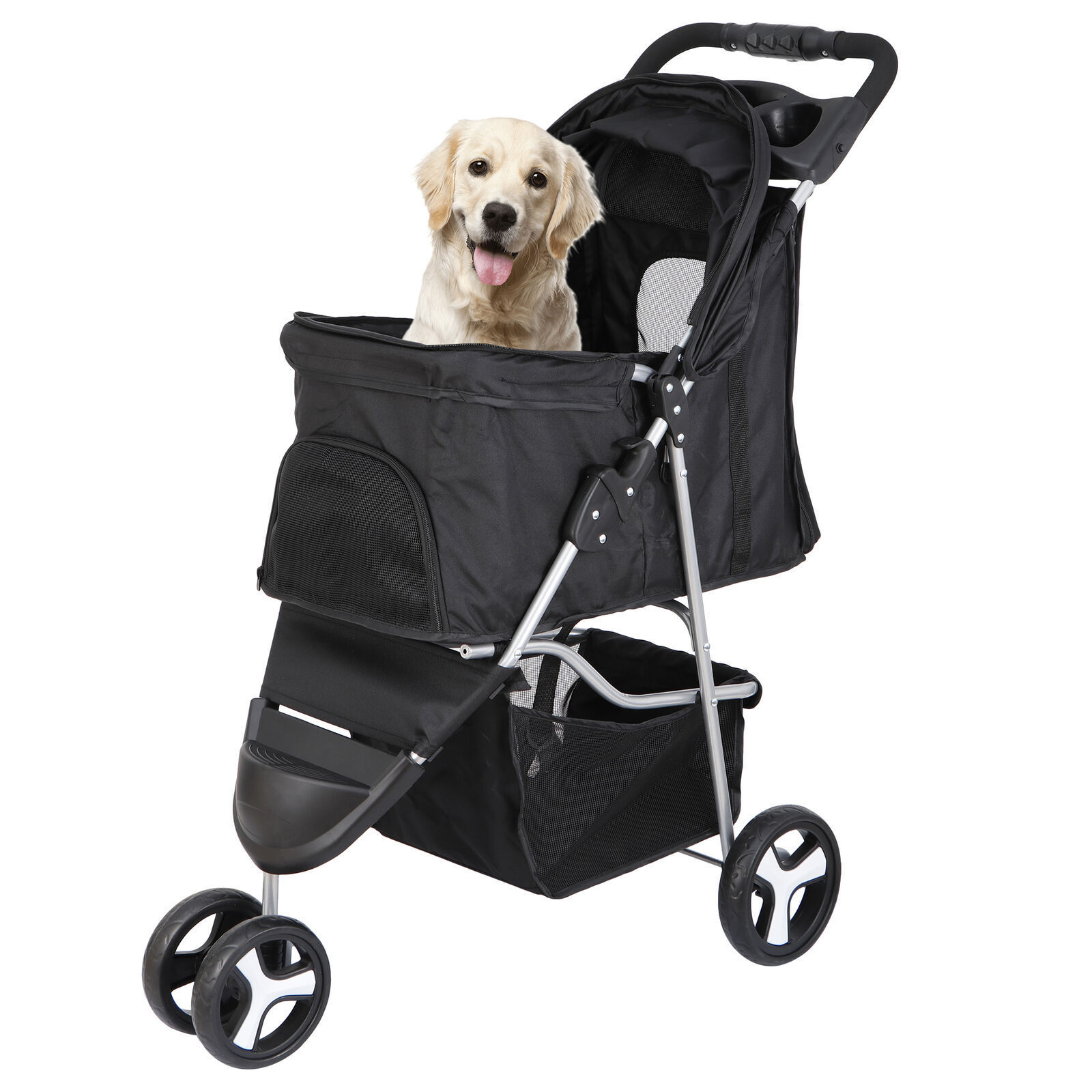 Pawise Safe Collapsible One-Clik Folding 3-Wheel Pet Stroller With Cup Holder Outdoor Travel Foldable Pet Dog Pet Stroller Cart