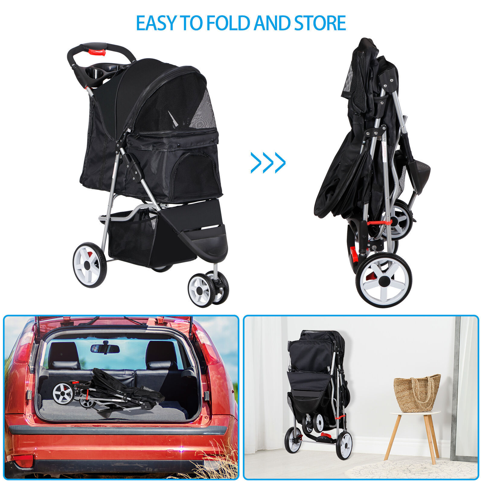 Pawise Safe Collapsible One-Clik Folding 3-Wheel Pet Stroller With Cup Holder Outdoor Travel Foldable Pet Dog Pet Stroller Cart