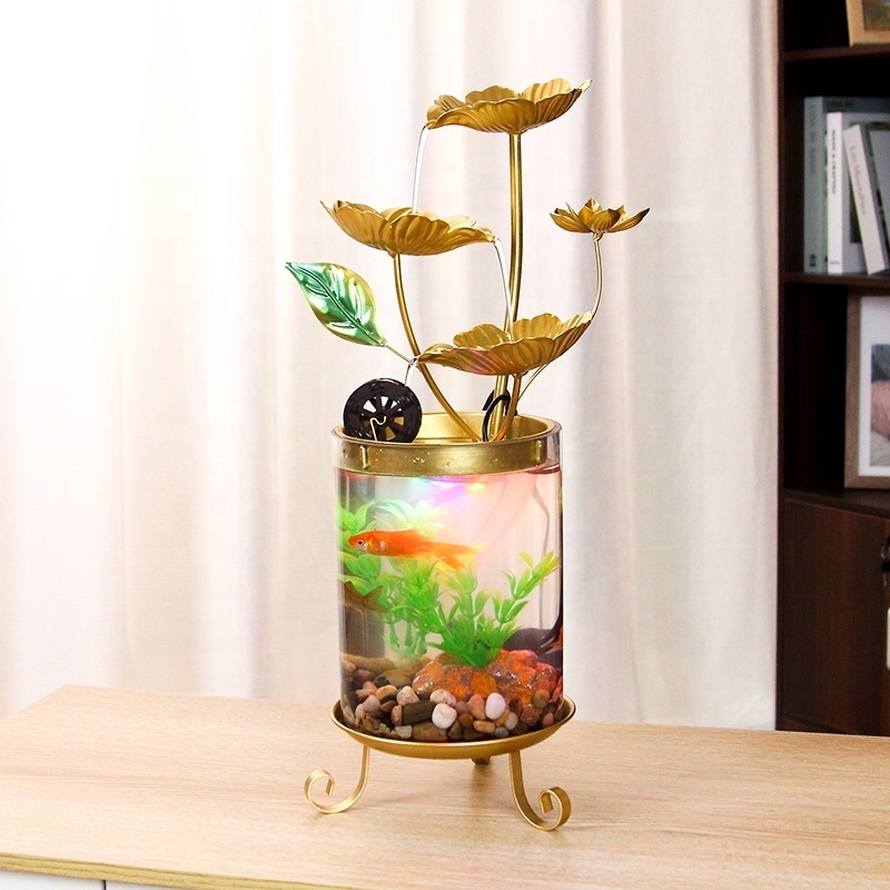 Customize Modern Lotus Leaf Indoor Water Flowing Decor Mini Tabletop Water Fountain With Glass Fish Tank For Office Home Decor