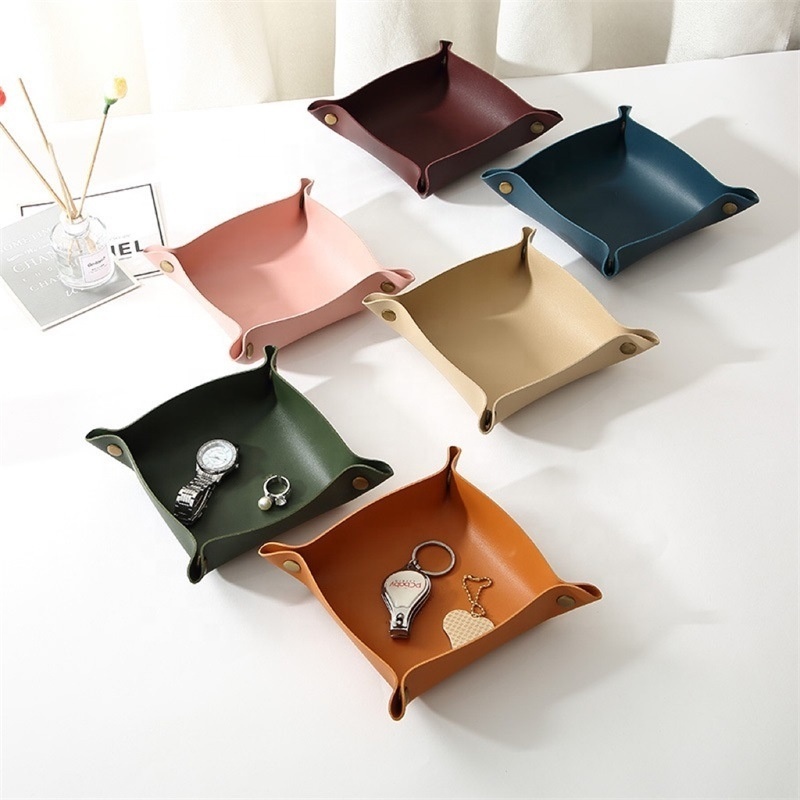 Hot Selling Personalized Folding Desk Storage Organizer Key Jewelry Serving PU Leather Bedside Valet Catchall Tray