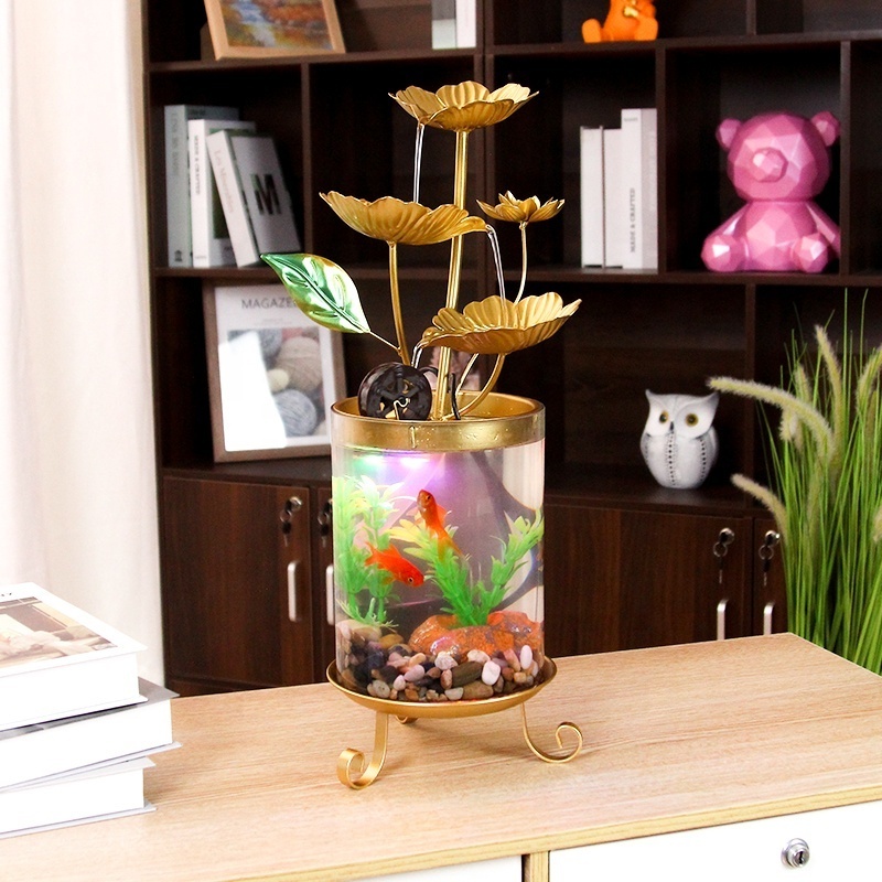 Customize Modern Lotus Leaf Indoor Water Flowing Decor Mini Tabletop Water Fountain With Glass Fish Tank For Office Home Decor