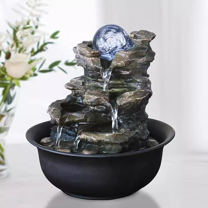 Creative Fengshui Desk Decor Rotating Ball Rocky Waterfall Fountain Resin Indoor Tabletop Water Fountains for Home Office Decor