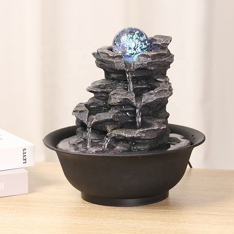 Creative Fengshui Desk Decor Rotating Ball Rocky Waterfall Fountain Resin Indoor Tabletop Water Fountains for Home Office Decor