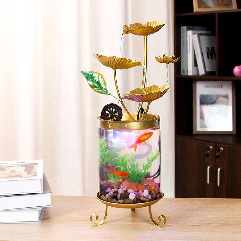 Customize Modern Lotus Leaf Indoor Water Flowing Decor Mini Tabletop Water Fountain With Glass Fish Tank For Office Home Decor