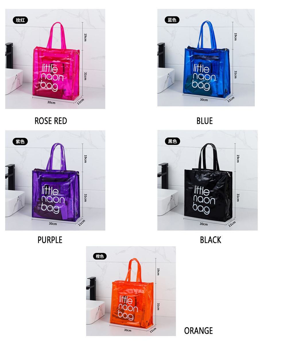 Custom Women Durable Glossy Translucent Plastic Handbag Waterproof Transparent Tote Beach Bags Neon Pvc Shopping Bag