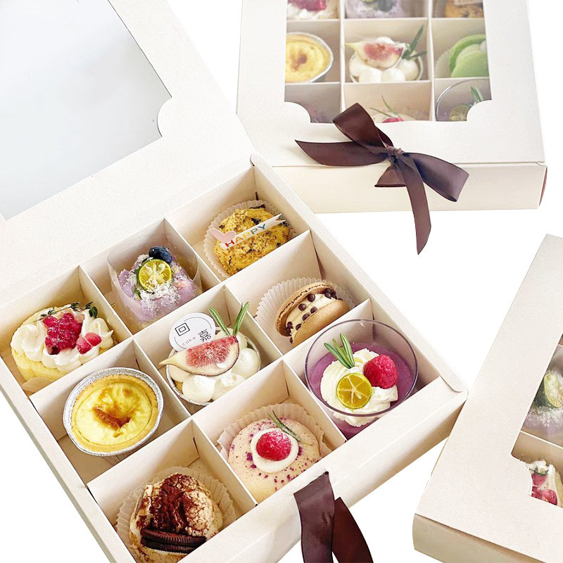 Custom 9 Divider Food Bread Cake Candy Macaron Donuts Dessert Gift Paper Box With Clear Window Lid And Ribbon