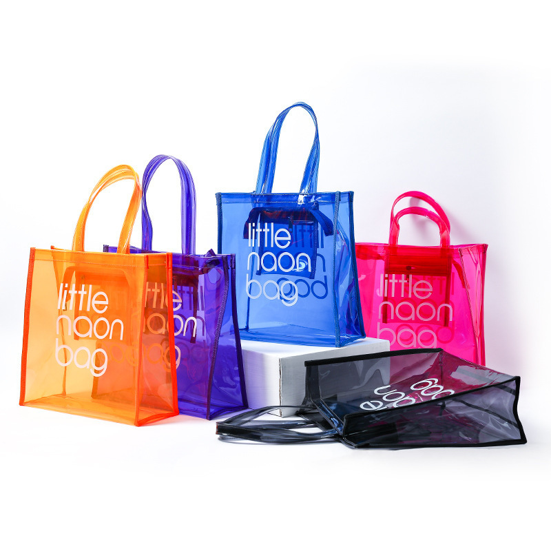 Custom Women Durable Glossy Translucent Plastic Handbag Waterproof Transparent Tote Beach Bags Neon Pvc Shopping Bag