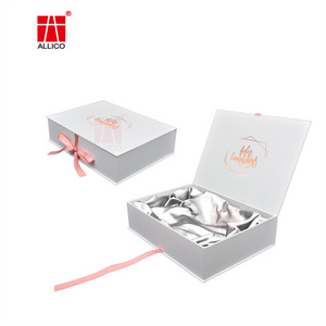 Luxury Custom Logo Rigid Cardboard Dress Wig Packing Box Gift Box With Ribbon And Satin Insert