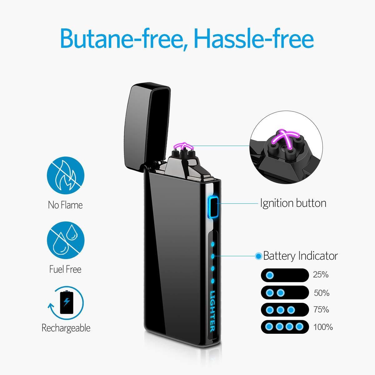 Windproof Briquet Electrique USB Rechargeable Electric Cigarette Lighter Double ARC Plasma Lighter with Battery Indicator