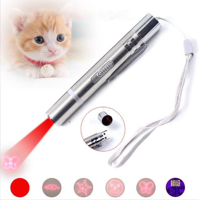 3 IN 1 Red Light Pointer Pen USB Charging Cat Laser Pen 4 Patterns Interactive Laser Cat Toy with LED Flash Light and UV light