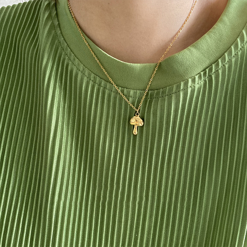 Small Textured Mushroom Pendants for Necklace 18K Gold Plated Stainless Steel Necklaces Women French Vintage Minimalist Jewelry