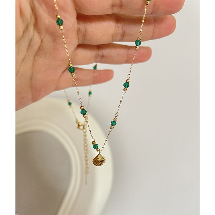 2022 New Small Green Glass Beads Stainless Steel Necklace Thin Chain Shell Necklaces for Women Vintage Boho Jewelry Wholesale