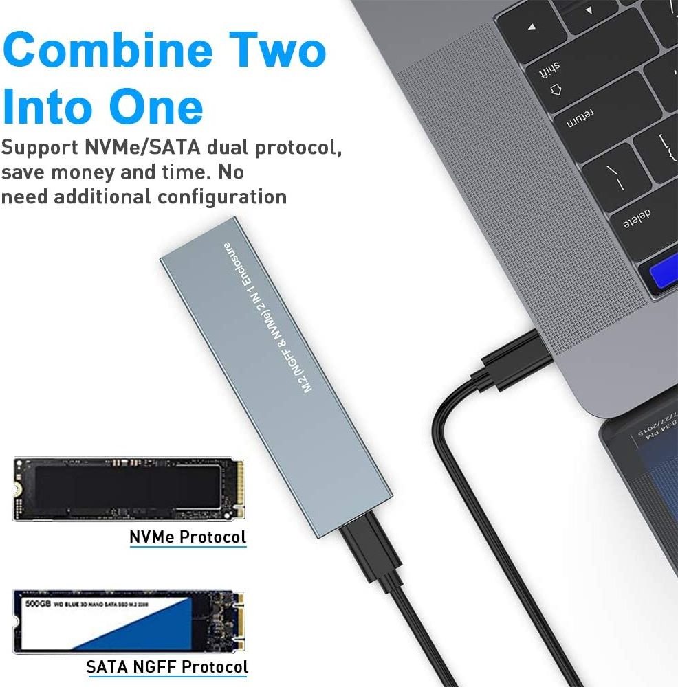 Aluminum M.2 NVME SSD Enclosure Adapter USB 3.1 Gen 2  NVME PCI-E M-Key Solid State Drive External Enclosure