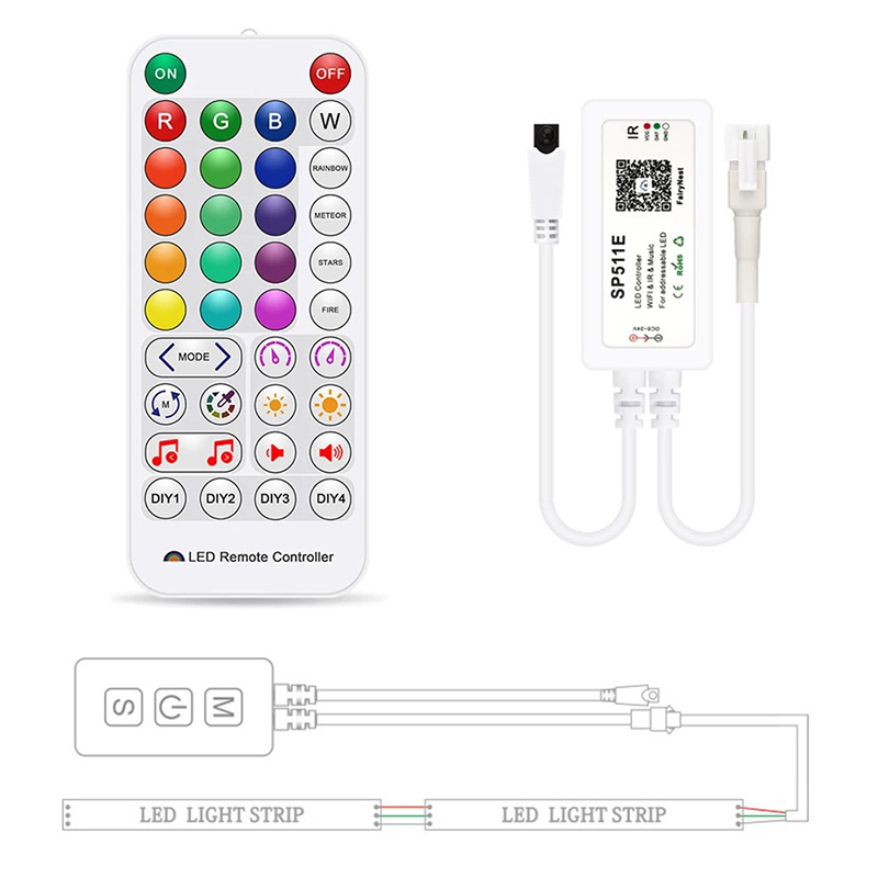 SP511E WS2812B Wifi Controller with 38 Keys Remote Controller WS2811 Pixel LED Strip Light APP Music Voice Control Tape Lights