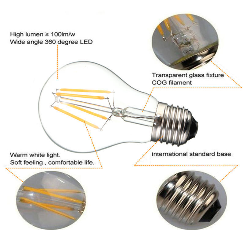 E27 4W 6W 8W Retro led  Filament cob led Light Lamp Candle Flame Bulb AC 220V