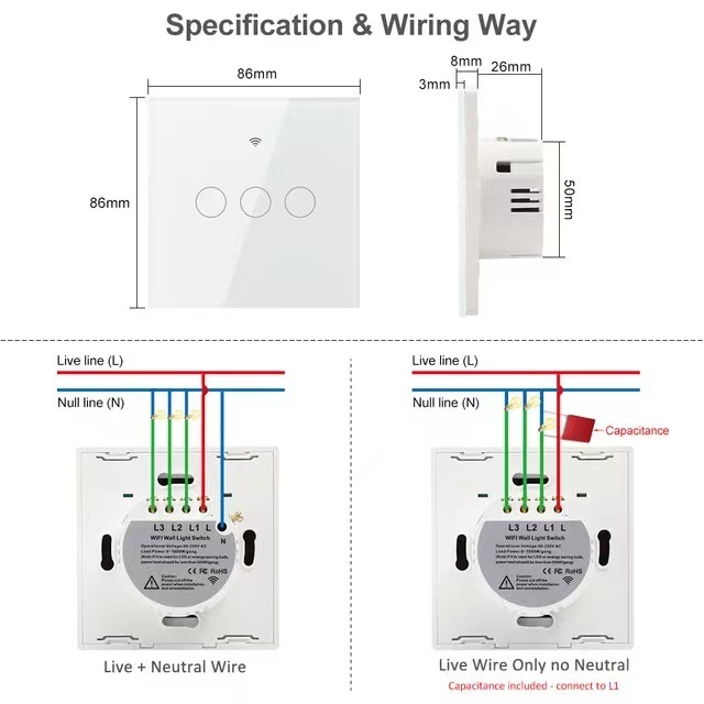 220V with no Neutral EU Alexa Google 1 2 3 4 Gang 2 3 Way WiFi RF 433mhz Tuya Smart Wireless Touch Wall Light with Switch Button