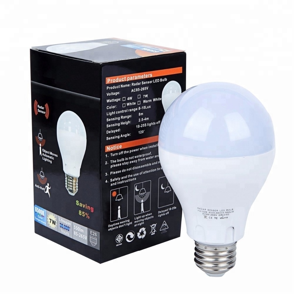 Promotional dimmable E27 4W 7W microwave motion sensor LED lighting bulb