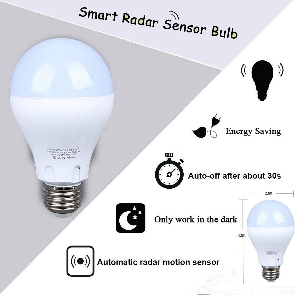 4W 7W 9W E27 B22 Security Auto On/Off Retrofit Microwave Motion Sensor LED Light Bulb for Corridor Hallway Garage Staircase