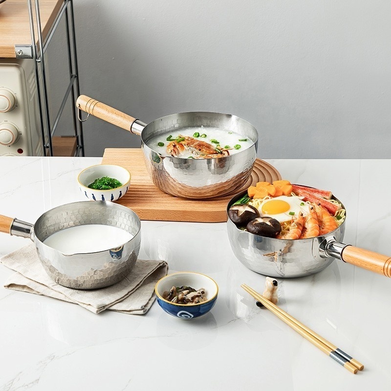 Japanese Style Snow Pan 304 Stainless Steel Milk Pan Thickened Wooden Handle Non-Stick Surface