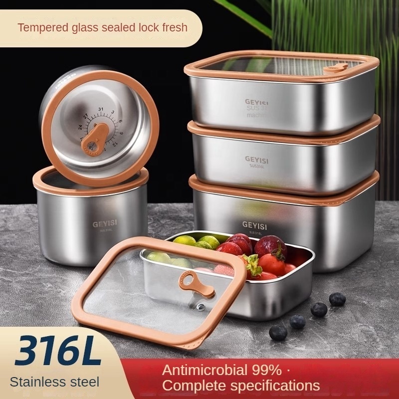 German Fresh-Keeping Box 316 Stainless Steel Food Grade Food Storage Container With Glass Lid