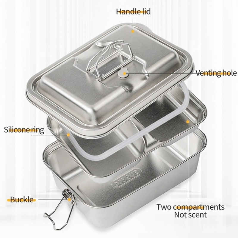 Customized Logo Metal 304 Stainless Steel Double Layer Food Storage Container Tiffin Bento Lunch Box