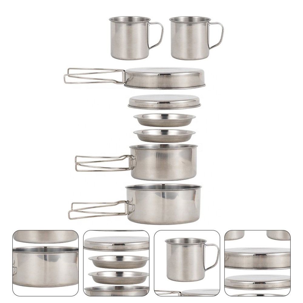 Outdoor Picnic Including Pots Pans Mess Kit Stainless Steel Camping Cookware Pots Set With Teapot