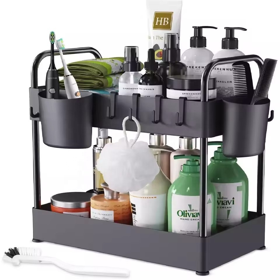 Kitchen Storage Shelf Bathroom Cabinet Under The Sink Organizer And Storage Rack With Hooks