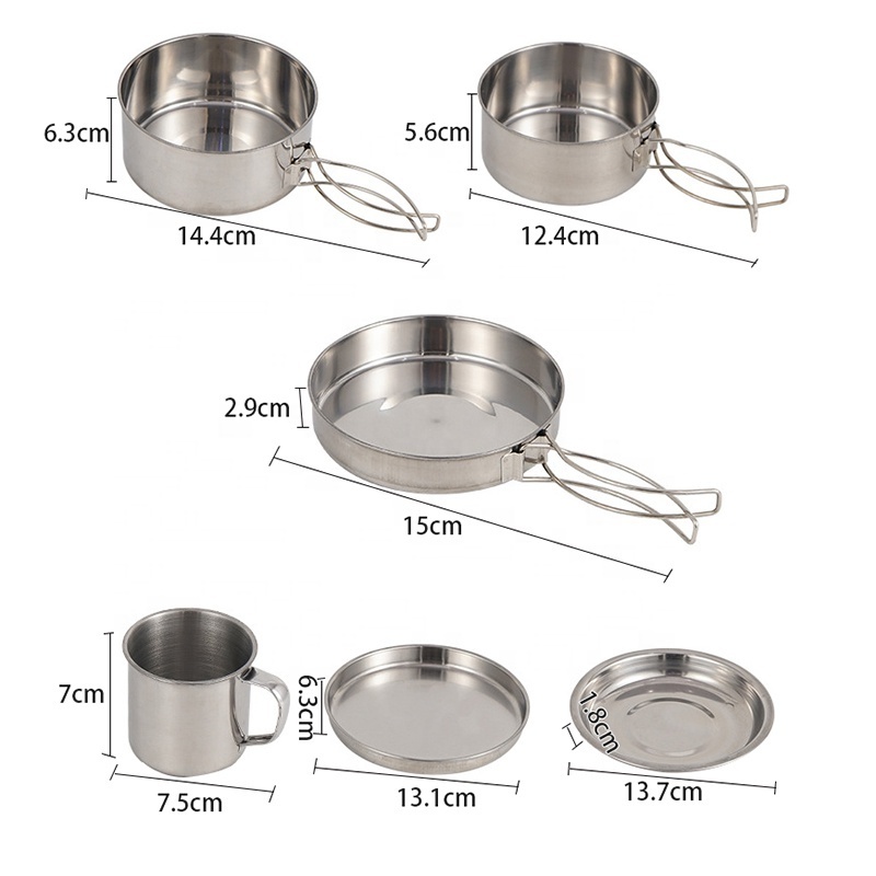 Good Quality 8 PCS Camping Cookware Mess Kit Stainless Steel Camp Accessories Cooking Pots and Pans Set Cooking Set for Outdoor