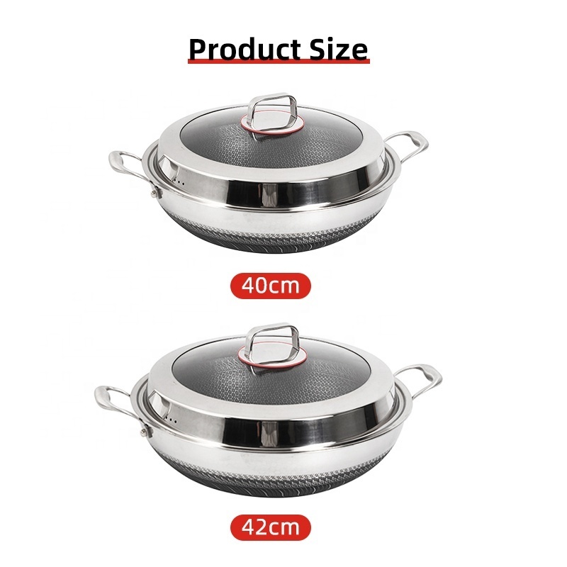 High Capacity Kitchen 18/10 Stainless Steel Wok Kitchen Honeycomb Non Stick Cook Fry Pan Fry Wok