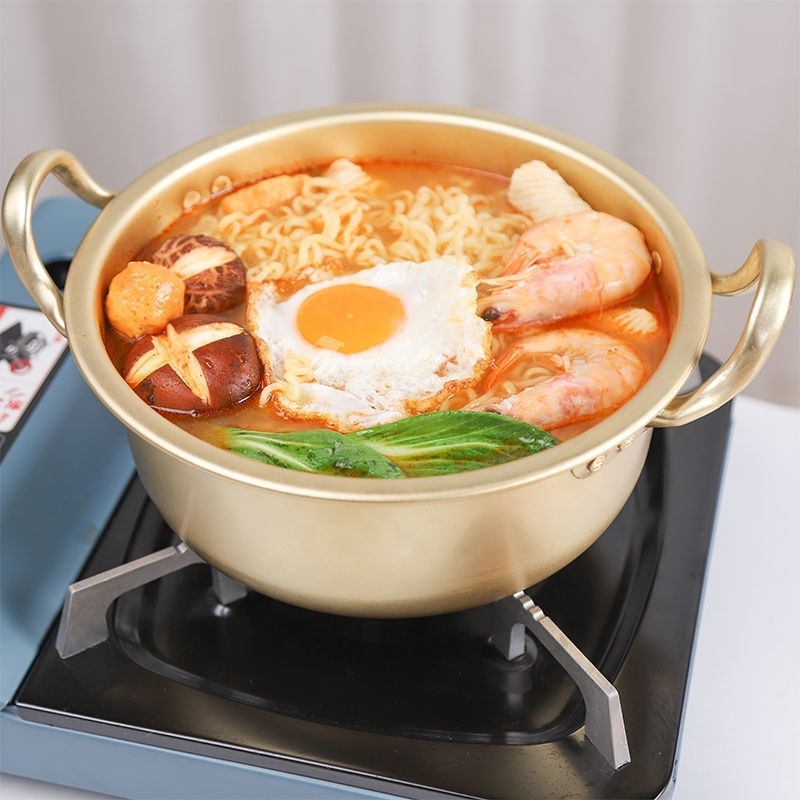 Korean Cookware Kitchen Gold Instant Noodle Pot Home Stock Pot Small Pan Aluminum Ramen Soup Pot With Lid