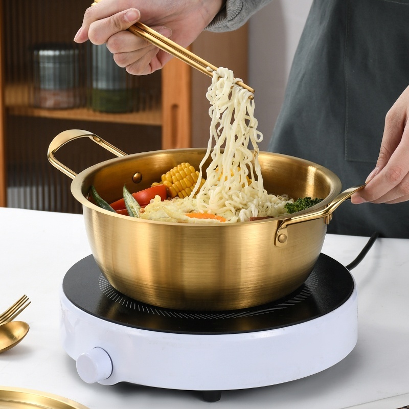 Korean Kitchen Gold Instant Noodle Pot Home Stock Pot Korean Cookware Stainless Steel Ramen Soup Pot With Lid