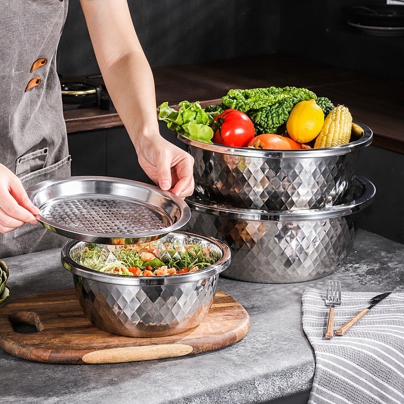 Hot Sale Multiple Sizes Kitchen Fruit Bowl Diamond Grain Salad Mixing Bowl Stainless Steel Mixing Bowl With Lid