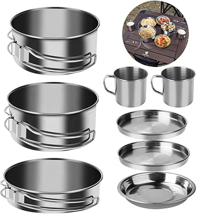 Good Quality 8 PCS Camping Cookware Mess Kit Stainless Steel Camp Accessories Cooking Pots and Pans Set Cooking Set for Outdoor