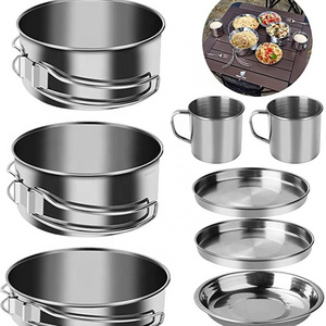 Good Quality 8 PCS Camping Cookware Mess Kit Stainless Steel Camp Accessories Cooking Pots and Pans Set Cooking Set for Outdoor