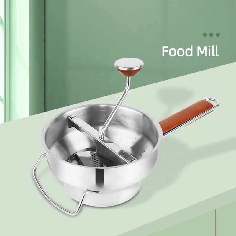 Custom 304 Stainless Steel Vegetable Chopper Mill Strainer Potato Masher Grinder Food Mill With Wooden Handle