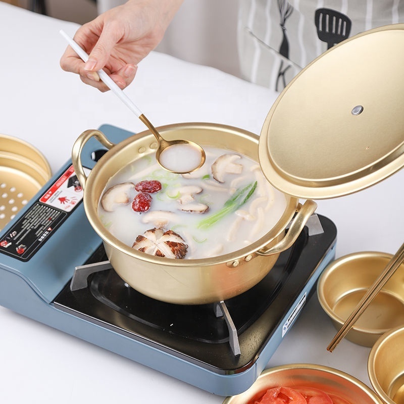 Korean Cookware Kitchen Gold Instant Noodle Pot Home Stock Pot Small Pan Aluminum Ramen Soup Pot With Lid