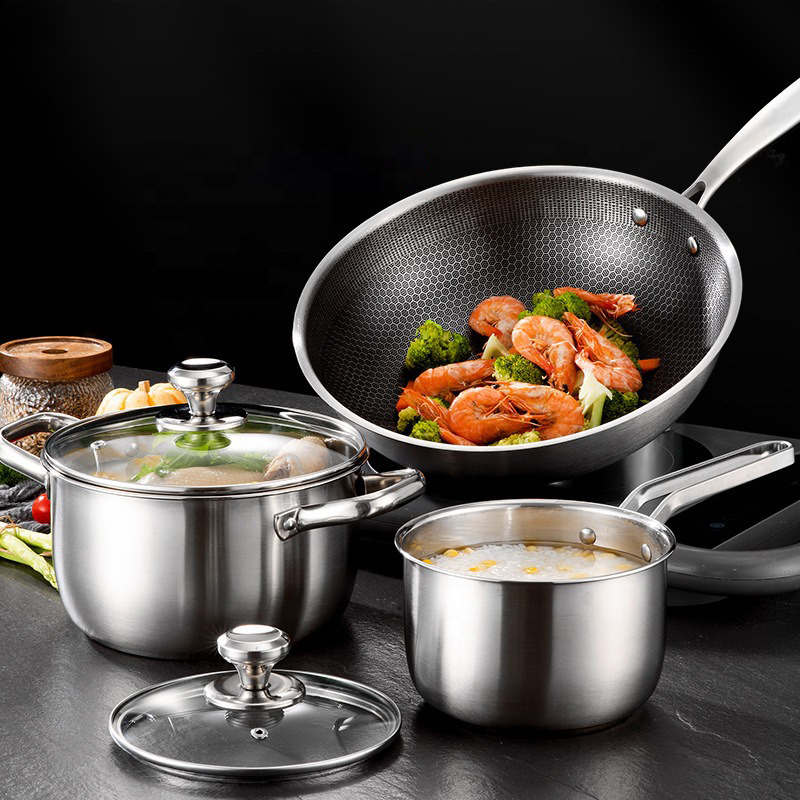 New Arrival Pots And Pans Kitchen Cooking Pots Sets Induction Cookers Non Stick 3 PCS Stainless Steel Cookware Set