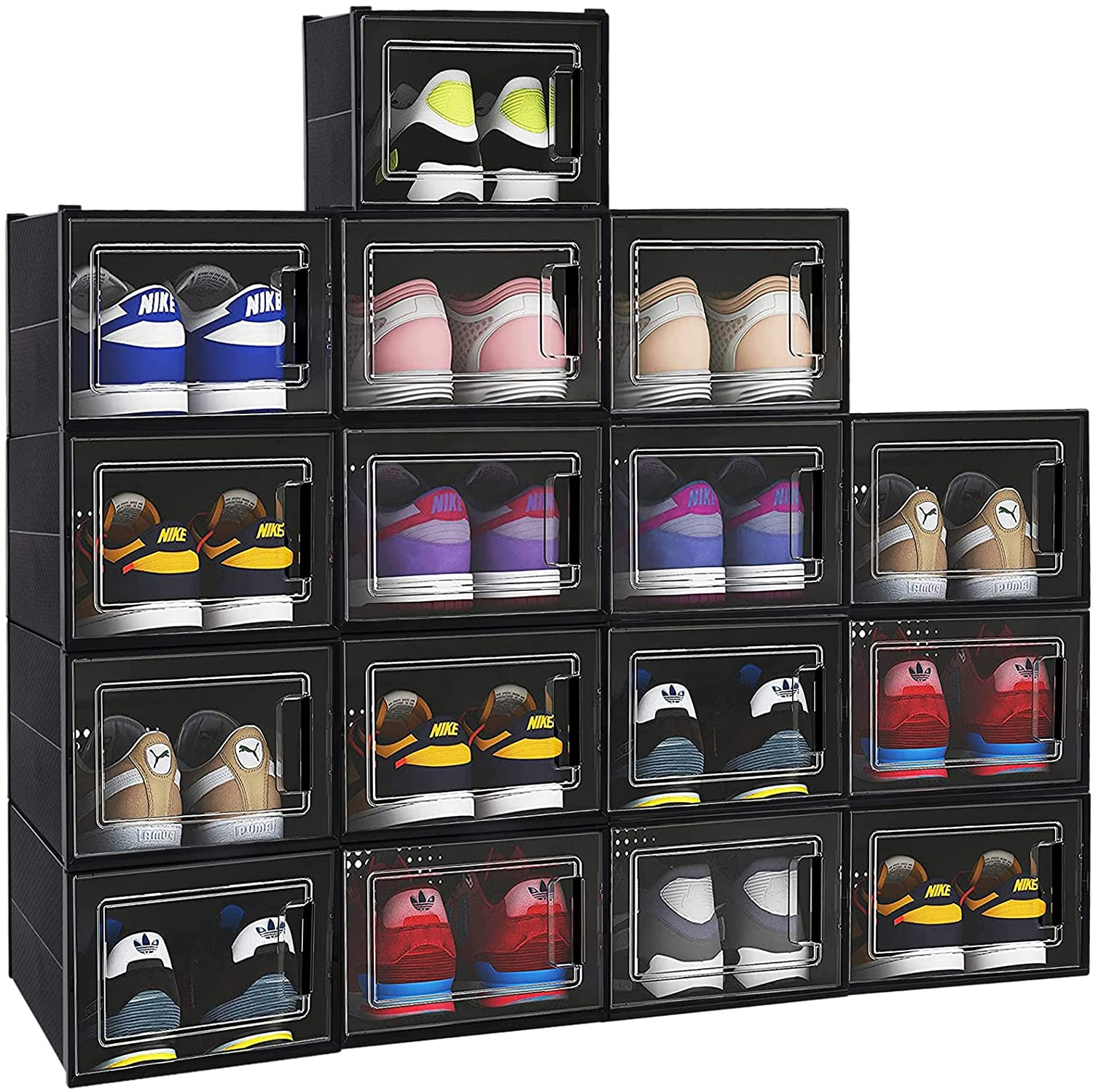 12 Pack Shoe Storage Box Clear Plastic Stackable Shoe Organizer for Closet Space Saving Foldable Shoe Sneaker Containers Bins